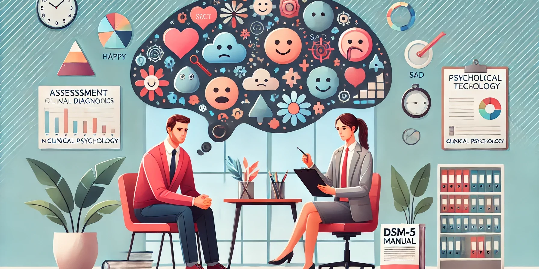 DALL·E 2024-09-25 14.29.05 – A conceptual illustration of ‘Assessment and Diagnosis in Clinical Psychology,’ featuring a psychologist conducting an assessment in a serene office s Assessment and Diagnosis in Clinical Psychology
