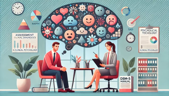 DALL·E 2024-09-25 14.29.05 – A conceptual illustration of ‘Assessment and Diagnosis in Clinical Psychology,’ featuring a psychologist conducting an assessment in a serene office s Assessment and Diagnosis in Clinical Psychology