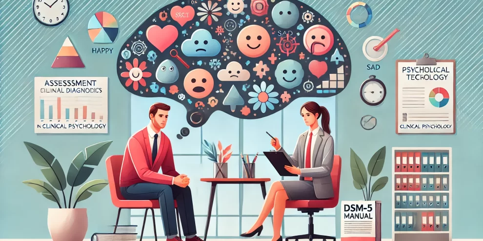 DALL·E 2024-09-25 14.29.05 – A conceptual illustration of ‘Assessment and Diagnosis in Clinical Psychology,’ featuring a psychologist conducting an assessment in a serene office s Assessment and Diagnosis in Clinical Psychology